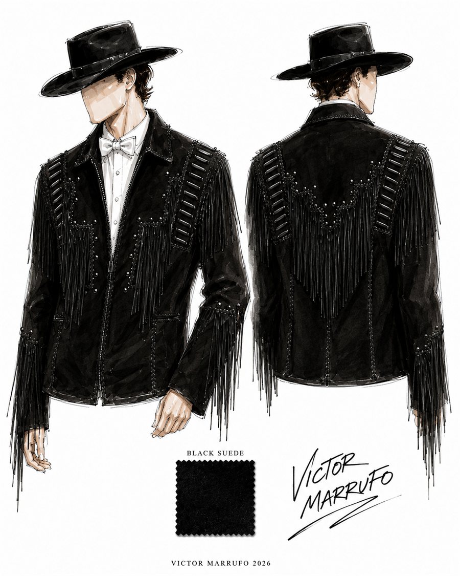 Menswear sketch by Victor Marrufo — fringed suede jacket