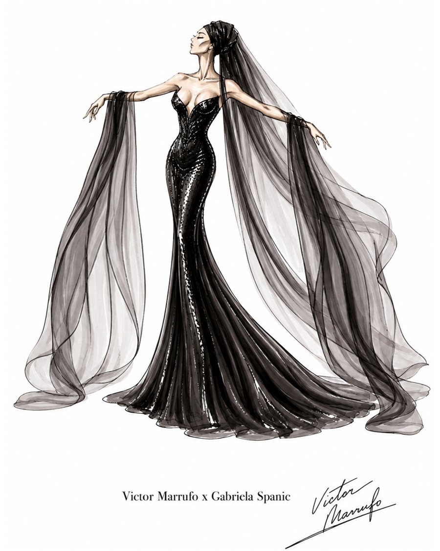 Red carpet couture sketch by Victor Marrufo x Gabriela Spanic